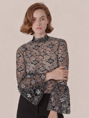 Anne Fontaine Floral Lace Top Laurine Top With Long Bell Sleeves Sheer Lace